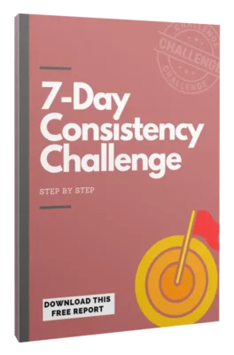 3D eBook cover titled '7-Day Consistency Challenge' with target and arrow symbolizing focus and discipline