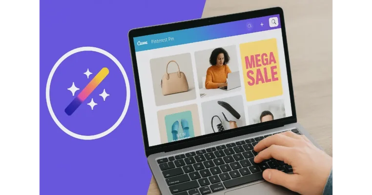 Person using Canva Magic Studio on laptop to create AI-generated visuals.