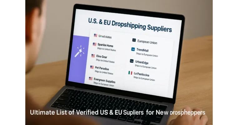 Person browsing a laptop showing a list of verified US and EU dropshipping suppliers with flags and shipping details.